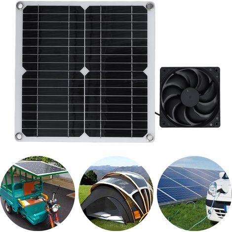 Kit ventilateur solaire 12 W avec panneau photovoltaïque 12 W, permet de recharger téléphones portables et batteries externes. (1/5)