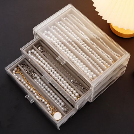 Boîte de rangement de colliers, boîte de rangement de colliers en acrylique avec plateau en velours, vitrine de support de chaînes anti-poussière pour femmes et filles (gris, 3 tiroirs)