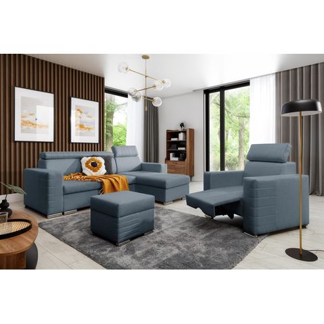 Ecksofa inkl. Hocker und Sessel CANTON Stoff Liverpool Azurblau Ottomane Rechts (1/4)