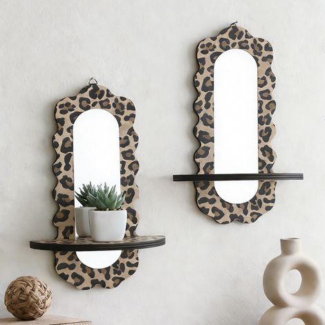 2 Miroirs Muraux Léopard Ondulés avec Étagères en Bois, Miroirs Acryliques Imprimés, Décoration Murale pour Chambre, Salon, Coiffeuse et Salle de Bain (1/5)