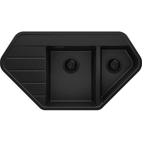 PRIMAGRAN Evier d'angle en Granit 90x50cm, Lavabo Cuisine 1,5 bacs + Kit de Vidage, Évier à Encastrer au meuble 80cm - Copenhague Corner, Tout Noir