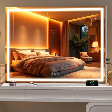 Miroir de beauté avec lumières, 100 x 73 cm Miroir de Maquillage LED avec grossissement 10x et 3 températures de Couleur, Miroir de Table à Commande Tactile, Rotation à 360°, carré Blanc (1/5)