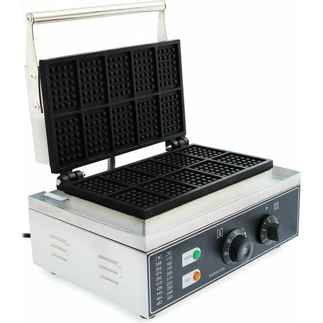 Gaufrier belge commercial antiadhésif en acier inoxydable 10 pièces 8 x 5,5 cm Minuterie 50 300 °C pour boulangeries, restaurants, kiosques, cantines
