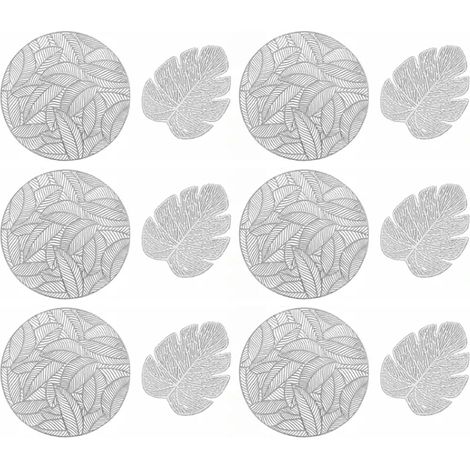 Lot De 6 Sets De Table Ronds Pour Table De Salle à Manger Et Sous-verres En Forme De Feuille, Sets De Table En Vinyle Pressé évidé Pour Fête De Vacances, Mariage, Décoration De Table De Dîner(Argent) (1/5)