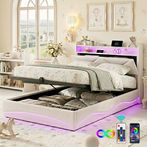 Cama canapé 90x200 cm con LED y USB Tipo C - Cama individual tapizada en terciopelo - Cabecero con almacenaje y somier de láminas - Diseño moderno juvenil y adulto - Beige