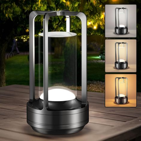Portable table lamp for indoor and outdoor use: Rechargeable cordless desk lamp with 3 colors, stepless dimming - Small battery-powered metal lantern lamp, black (1/5)