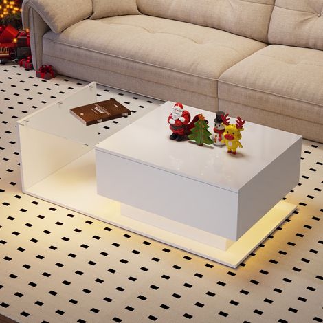 Table basse blanche laquée brillante 100x50x32 cm avec plateau en verre et tiroir, résistante aux rayures, 1 tiroir, éclairage LED, style moderne (1/5)