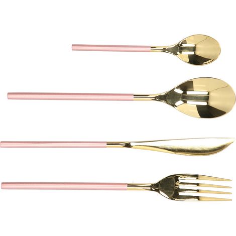 Ensemble de couverts de table style nordique en acier inoxydable (couteau, fourchette, cuillère), rose et or. (1/5)