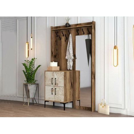 Dmora - Mobile da ingresso Isidore, Entratina appendiabiti, Composizione per atrio, Consolle portaoggetti multifunzione, 120x35h200 cm, Noce e Bianco (1/5)