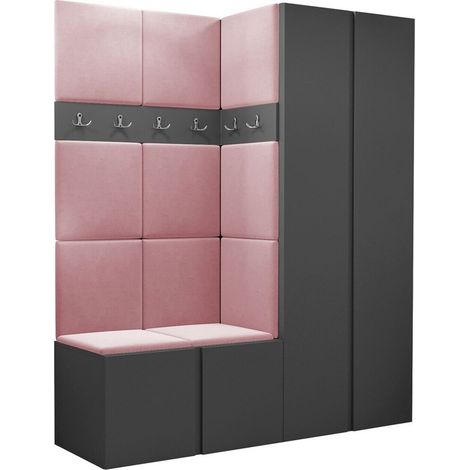 Meuble d'entrée Pinis III, Graphite, 186x158x46cm, Stratifié, Tissu, Murale, À poser