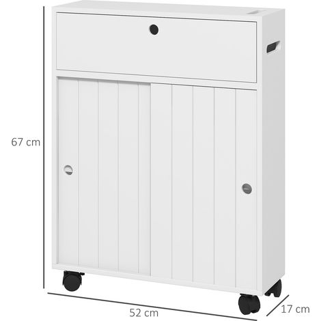 Mobiletto da bagno ausiliario con 4 ruote, 2 portarotoli di carta igienica, 2 ante e ripiani regolabili, 52x17x67 cm, bianco