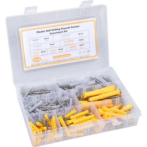 Kit de 210 vis autotaraudeuses à tête plate cruciforme en acier au carbone avec chevilles en nylon pour rideaux (1/5)