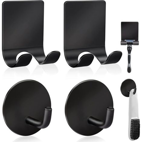 Porte-rasoir en acier inoxydable pour douche + crochets muraux adhésifs, résistants et étanches, de qualité supérieure, pour suspendre serviettes, manteaux et chapeaux (lot de 2 + 2) - Noir (1/3)