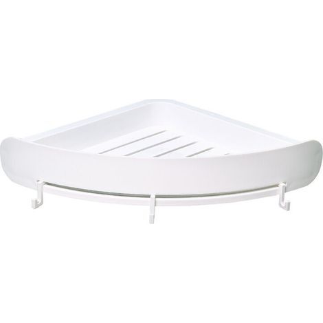 Étagère d'angle blanche pour la cuisine ou la salle de bain - Sans perçage au mur - Avec trois crochets pour boules de bain ou autres - Étagère de douche/étagère murale - Plastique ABS (1/5)