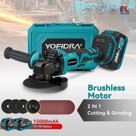 Meuleuse d'angle sans fil Brushless 125 mm 2 en 1 – 3 vitesses, polisseuse bois et machine de coupe, compatible batterie Makita avec 2 batteries (1/5)