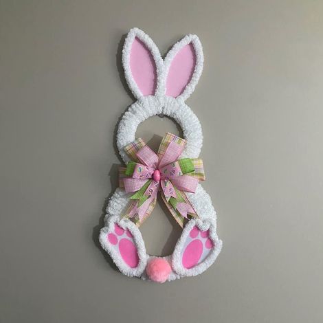 Ghirlanda con coniglietto pasquale da 40 cm - Velluto bianco con orecchie e zampe rosa - Decorazione da appendere a porte e pareti
