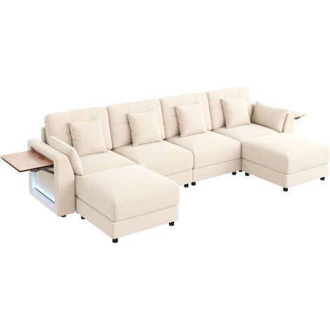 Canapé modulaire - 6 places,avec ottoman,rangements,coussins inclus,chenille,structure robuste - 292x135x82cm - Beige (1/5)