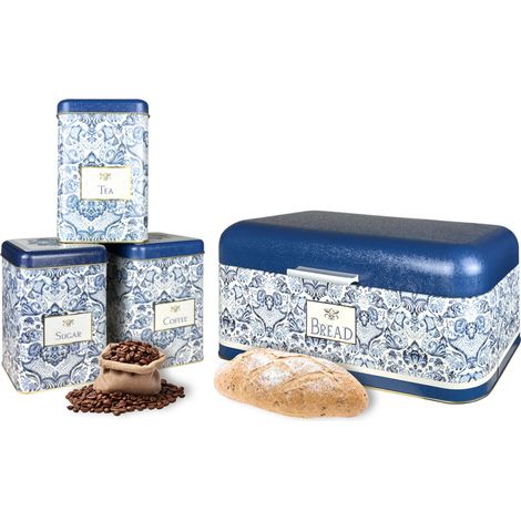 Contenitori Cucina Set 4 Pezzi 1 Portapane Contenitore Con Coperchio 3 Barattoli Tè,Caffè,Zucchero,Spezie,Box Organizer Pasta,Barattolo Biscotti Storage Azulejus