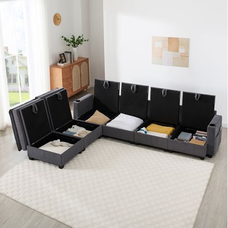 Sofá esquinero modular de pana gris para 5-6 plazas con puf, USB, almacenaje y portavasos (1/5)