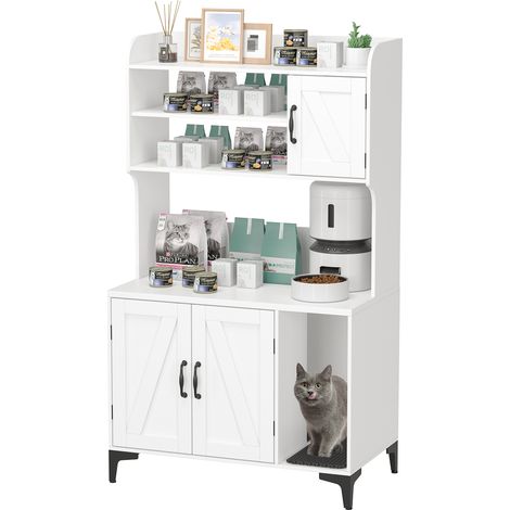 Meuble cache litière pour chat moderne – Grand rangement avec 4 étagères – Maison fermée multifonction – Banc d'entrée ou salon – Blanc, avec tapis litière (1/5)