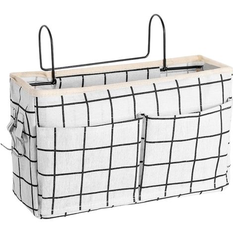 1x Organisateur de lit, Crochet métallique, Toile coton lin, 30x26x11cm, Poche rangement, Pour lit superposé dortoir