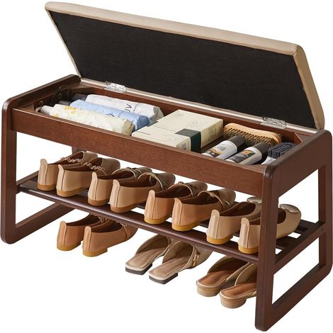 Banc de Rangement à Chaussures en Bois Massif, Étagère à Chaussures à 2 Niveaux avec Rangement Dissimulé, Organiseur de Rangement en Bois de 80 cm pour Entrée, Couloir, Salon,Noyer YD-WD061B (1/5)