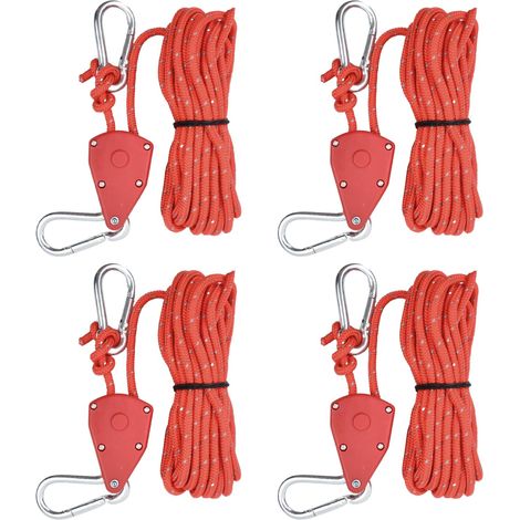 4 Pièces Corde de Tente Réfléchissante, 5M Corde De Camping Légère, 4mm Crochet à Cliquet de Poulie, Corde de Haubanage de Tente avec Tendeur en Aluminium, Corde Paracorde Our Auvent Bâche (Rouge) (1/5)