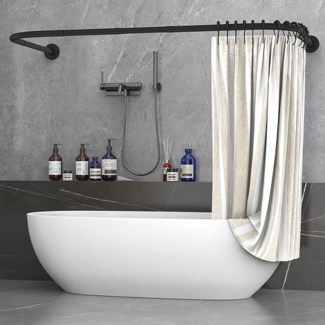 Barre Rideau Douche Forme U/L, 75x(150-190) x75 cm, Noir (1/5)