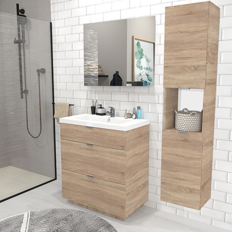 Le Quai Des Affaires – Meuble sous-vasque 80 cm avec vasque résine double – Miroir et colonne chêne blanchi – 3 tiroirs et 4 niches de rangement