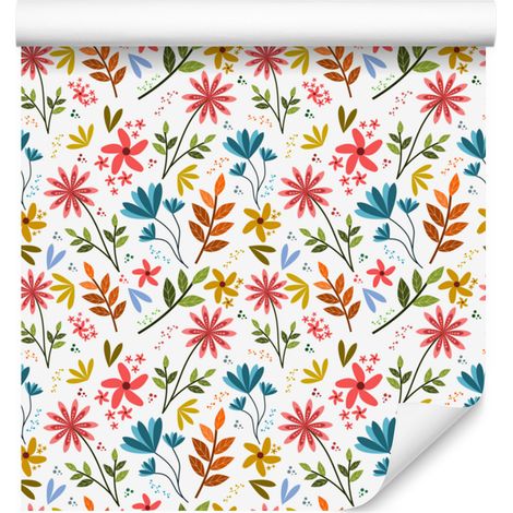 Carta da parati con fiori bianchi, corallo, crema e grigio chiaro 50x1000 cm (1/5)