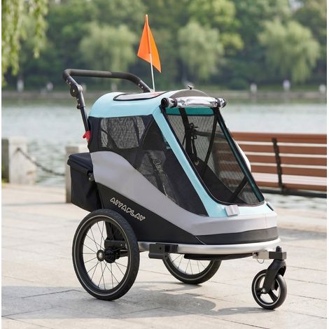 Remolque de bicicleta infantil 2 en 1 plegable, arnés 5 puntos, ruedas 16", azul claro DESVIAE (1/5)