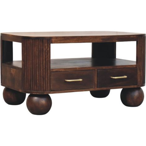 Table basse pieds sphériques en bois massif, 2 tiroirs, 2 fentes ouvertes, Brun foncé (1/5)