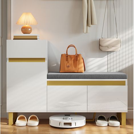MEUBLIV Meuble à chaussures blanc 120x35x85 cm avec banc d'entrée, tiroir et portes (1/5)
