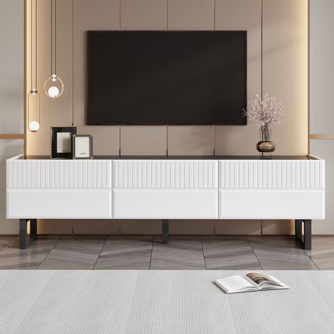 TV-Schrank aus MDF und Holzwerkstoff, Schwarz/Weiß, 170 x 35 x 47 cm, mit 3 Schubladen und Eisenbeinen (1/5)