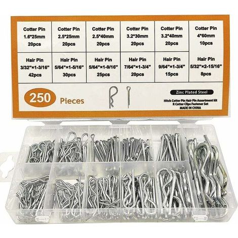 Lot de 250 goupilles fendues à ressort, 6 tailles différentes, goupille fixe galvanisée, accessoires pour outils à main (1/4)