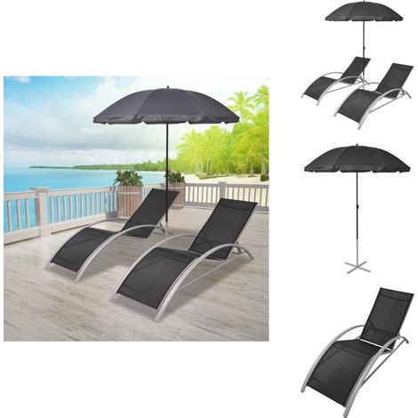 Chaises longues et parasol Aluminium Noir - Chaise Longue - Transats - Mobilier De Jardin - Salon De Jardin - Parasol (1/5)