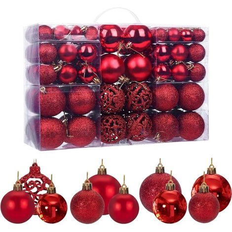 Set mit 100 roten Christbaumkugeln, funkelnd, undurchsichtig, glänzende Dekorationen, Ø 3, 4 und 6 cm (1, Rot)