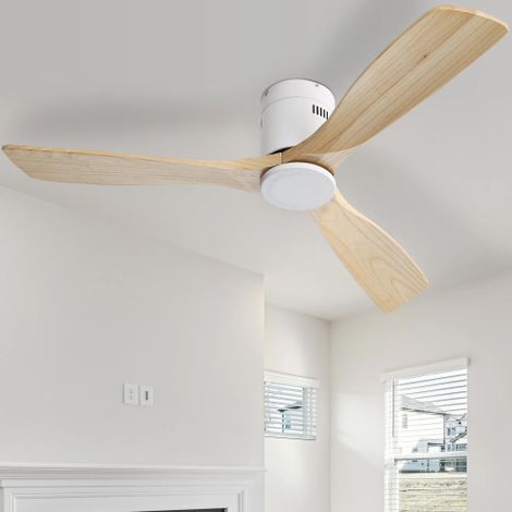 Ventilateur de Plafond 52 Pouces - 3 Pales en Bois Massif Naturel - Moteur DC Silencieux et Réversible - Télécommande - Pour Salon, Séjour (1/5)