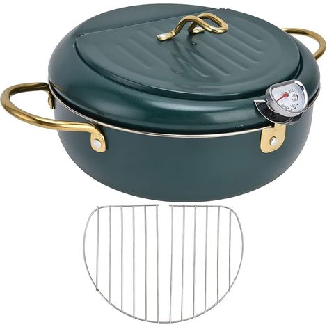 Friteuse de style japonais avec affichage de la température, en acier inoxydable, friteuses vert foncé et couvercle à grille de récupération d'huile, capacité d'huile de 3,4 l, 24 cm, vert foncé (1/5)