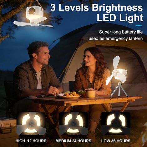 Ventilatore da campeggio multifunzionale con luce LED - Batteria da 7200 mAh - Rotazione a 360° - Con telecomando e timer - Design appendibile e da appoggio - Ventilatore portatile per tenda, campeggi (1/5)