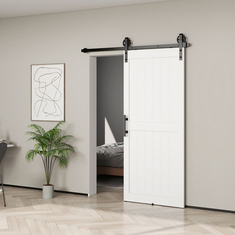 Schiebetür im Landhausstil mit Schiene und Griff, Innentür aus MDF und Stahl mit Montagezubehör, 91,5 x 213,4 cm, Schwarz und Weiß