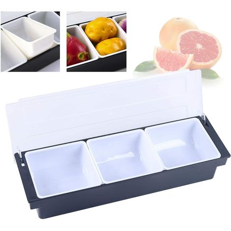 Boîte à fruits à 3 compartiments avec couvercle, distributeur d'épices et de fruits, récipient à épices, 3 grilles et couvercle (couleur : noir et blanc). (1/5)