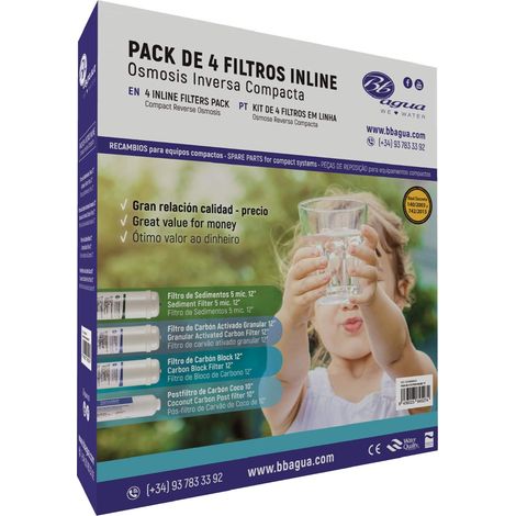 Kit da 4 filtri Inline 12" per impianti di osmosi inversa compatti. 1 filtro di edimenti, 1 carbone attivato, 1 carbone Block e 1 Post Filtro di carbone Coco. Bbagua (1/4)