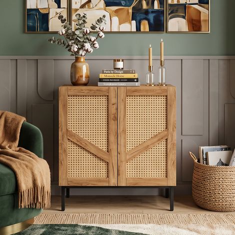 Creahappy Buffet 2 Portes 70x38.5x80 cm - Meuble de Rangement Modulable Gain de Place - Aspect Bois et Cannage Rotin PE - Naturel (1/5)