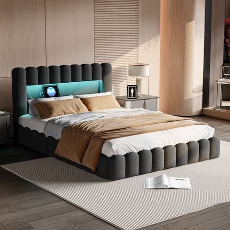 Lit coffre double 160x200cm,lit rembourré,lit avec rangement,Tête de lit capitonné,cadre de lit,forme souche,lin,sommier à lattes,LED et port USB,Gris (1/5)