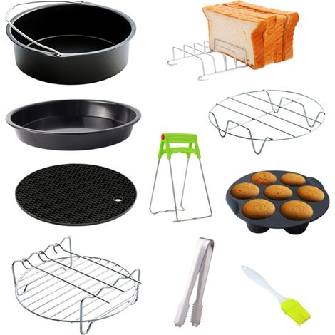 Kit de accesorios para freidora de aire de 10 piezas: placa de cocción, parrilla, bandeja para pizza, soporte de metal, soporte para pan, molde para cupcakes (para freidoras de aire de 3,2 a 5,8 L). (1/5)