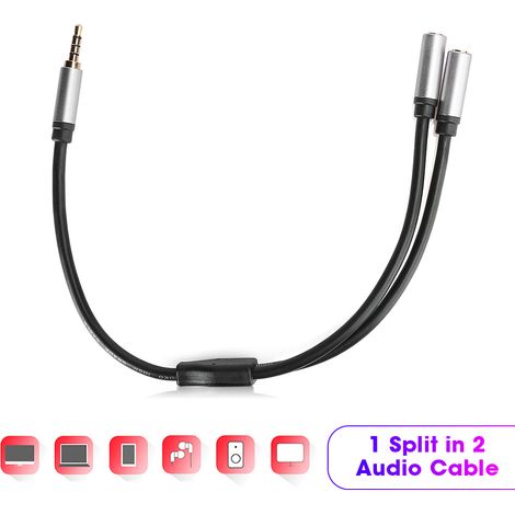 Câble audio 3.5mm mâle vers 2 femelles, division 1 en 2, fil résistant argenté 0.3m