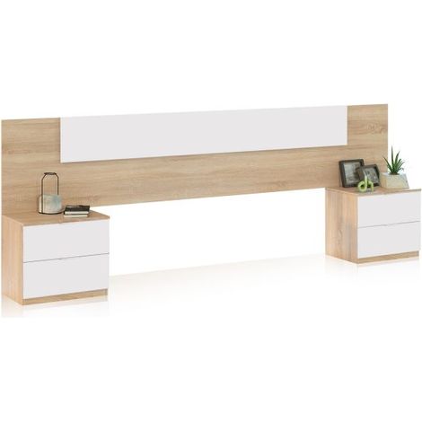 Cabecero con mesitas Akari Blanco Artik (Blanco Mate) - Roble Canadian 247cm (ancho) x 50,5cm (alto)