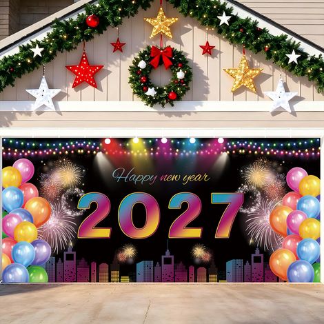 Nouvelle bannière décorative haut de gamme pour garage, thème Nouvel An 2027 - 180 x 400 cm - 16