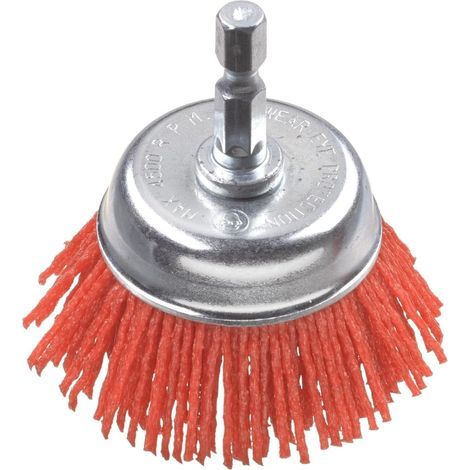 Cepillo de copa grueso, de nailon abrasivo, Ø 50 mm para madera, metal y metales no ferrosos, cepillo de taladro de nailon con vástago hexagonal E6.3, para lijar y texturizar.